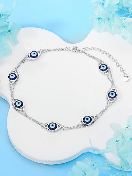 925 Sterling Silver Ankle Bracelet Evil Eye/Dolphin/Sea Turtle/Infinity/Wave Seashell/Hamsa Ankle Bracelet Adjustable Summer Beach Ocean Jewelry for Women