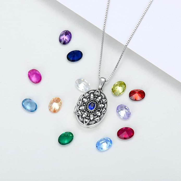 Round/Heart/Oval Shape Locket Necklace That Holds Pictures 925 Sterling Silver Personalized Birthstone Photos Engraved Locket Pendant Birthday Memorial Jewelry Gift for Women