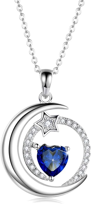 S925 Sterling Silver Birthstone Pendant Necklace Moon Star Necklace Jewelry Gift for Women Anniversary Valentine's day