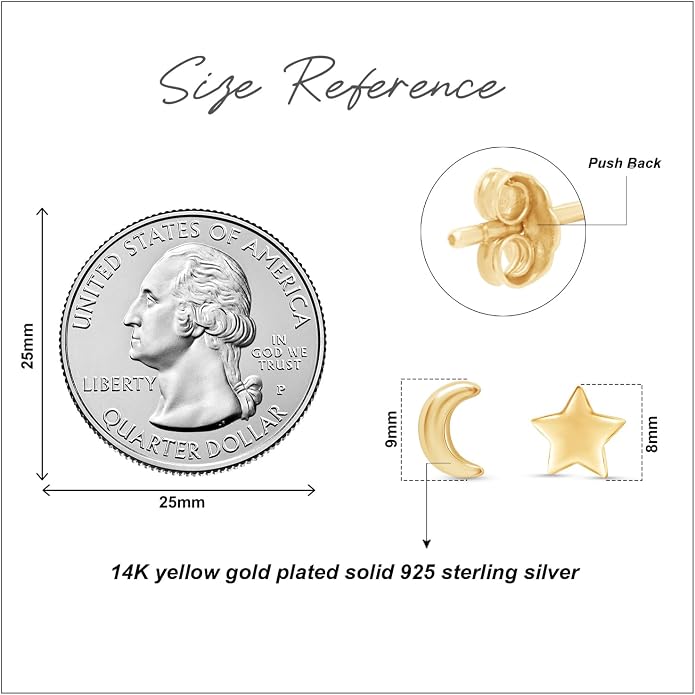 Asymmetric Earrings Half Moon And Star Lovely Charm Stud Earrings in 14K Gold Plated Sterling Silver With Push Back for her