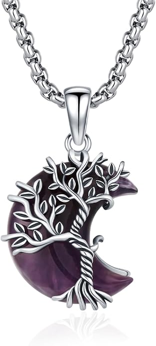 925 Sterling Silver Tree of Life Necklace, Crescent Moon Pendant with Amethyst, Moon Crystal Healing Jewelry Gift for Women