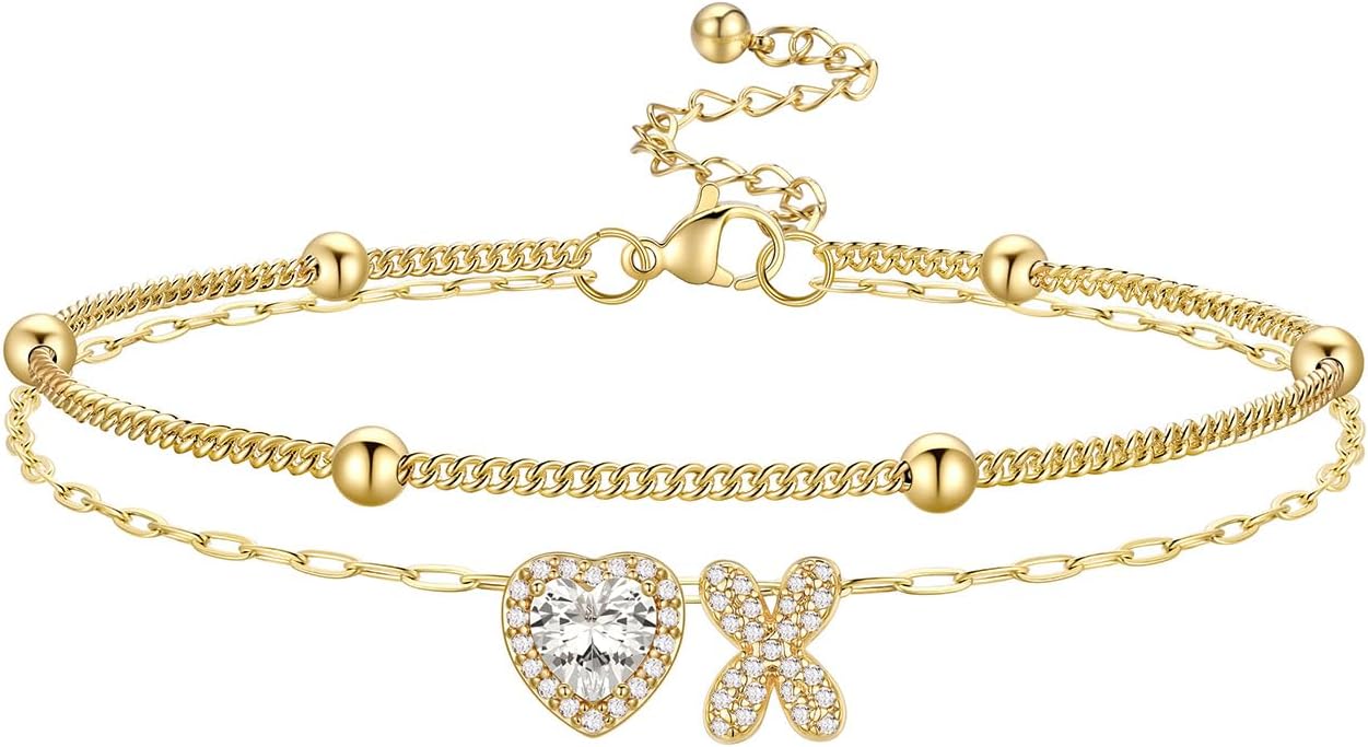 Bestyle Initial Anklet Bracelets for Women Waterproof Non Tarnish 14K Gold/White Gold Plated CZ Anklets for Women Dainty Layered Letter Heart Ankle Bracelets Adjustable Foot Chain Anklet