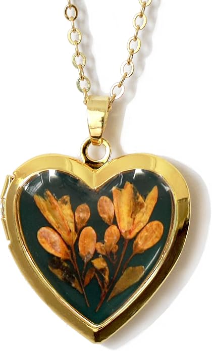 Handmade Dried Pressed Flower Heart Shaped Photo Locket Pendant Necklace