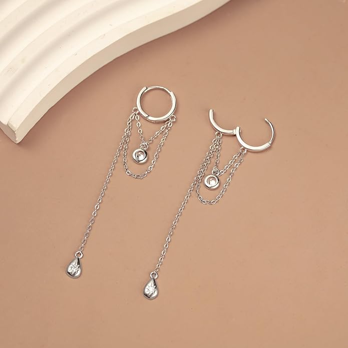 CZ Chain Hoop Dangle Earrings for Women S925 Sterling Silver Cubic Zirconia Dangling Earrings Chain Tassel Drop Earring Hoop Earring Huggies Fashion Wedding Jewelry Gifts
