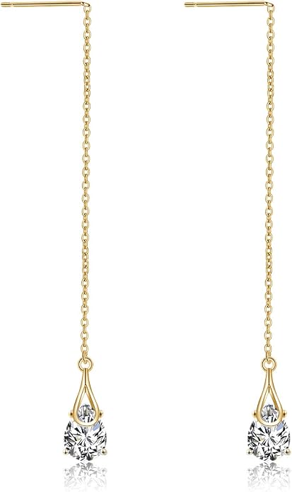 POPLYKE Sterling Silver CZ Threader Earrings Teardrop Chain Tassel Dangling Earrings for Women Dangling Jewelry