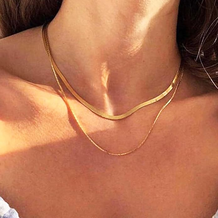 18K Gold Plated Herringbone Necklace Set for Women - Set of 2 (16"+18"),Layered Flat Snake Chain Choker-18K Gold & White Gold Tone -Tarnish Resistant Jewelry Gifts for Women/Girl