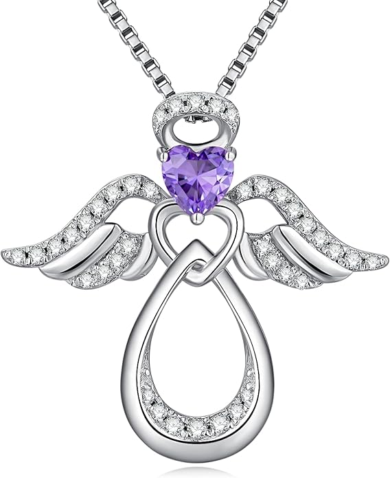 925 Sterling Silver Guardian Angel Pendant Necklace for Women with Birthstone Cubic Zirconia Little Angel Pendant Necklace Jewelry 18 inch Chain