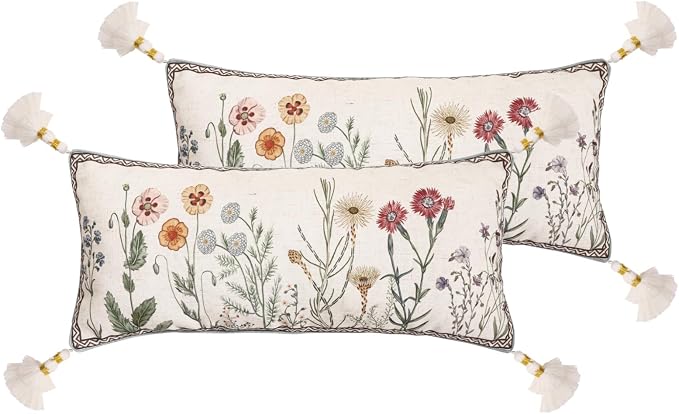 ISAENNE Designer Linen Throw Pillow Cover,Set of 2,28"x12"-Serenity D | French Elegant Rectangle Decor Pillow Cover,Concealed Zipper Design,Light Beige,Sofa,Bedroom,Living Room,Chairs