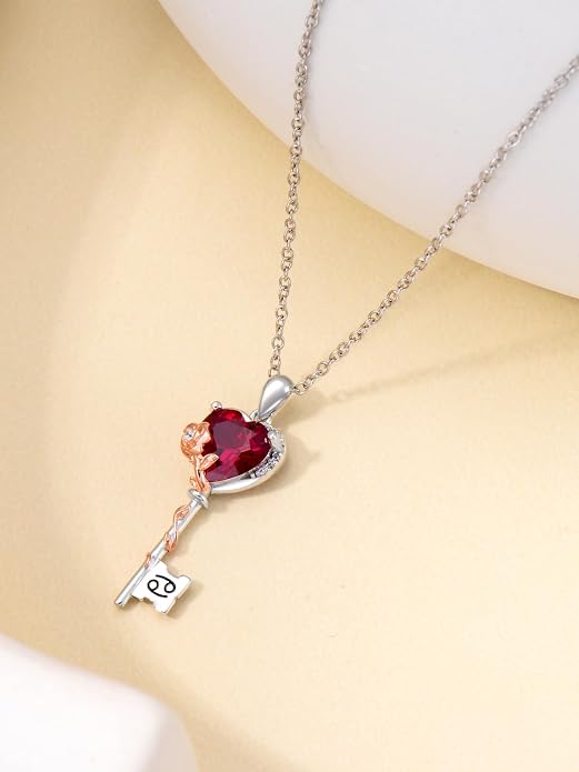 OCJ Zodiac Necklace for Women 925 Sterling Silver Rose Flower Key Pendant Necklaces Zodiac Birthstone Jewelry Wife Birthday Anniversary Christmas Gifts for Her