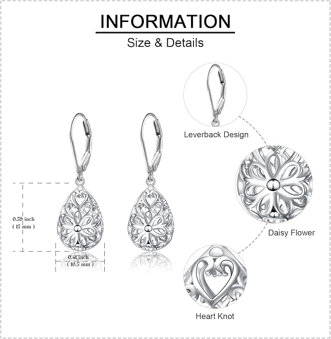 925 Sterling Silver Filigree Dangle Drop Earrings Daisy/Lotus/Rose Flower/Moonstone Leverback Teardrop Earrings for Women Infinity Celtic Knot Daisy Lotus Jewelry for Mothers Day