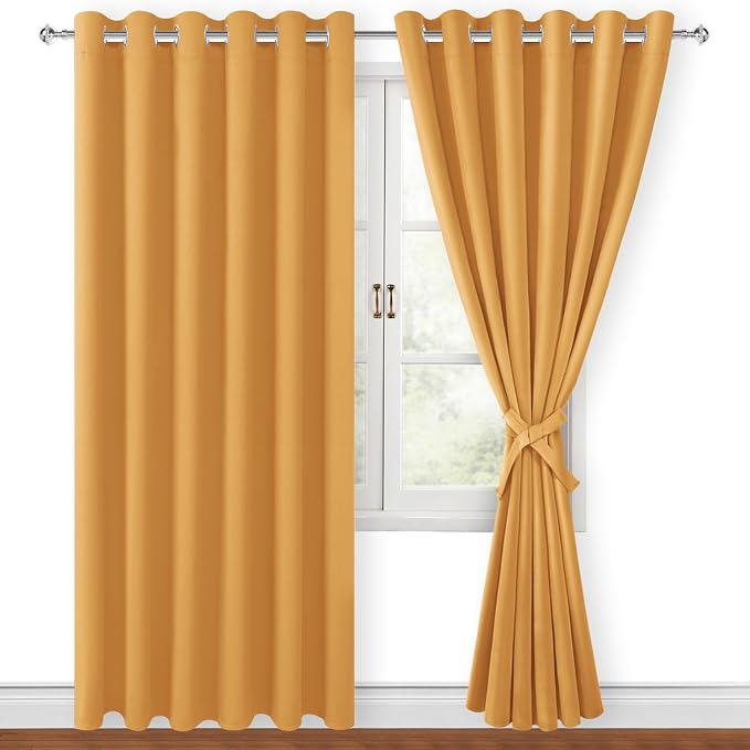 Hiasan Room Darkening Curtains for Bedroom, 70 x 84 Inches - Thermal Insulated & Energy Saving Window Drapes for Living Room/Dorm Room, Set of 2 Panels Sewn with Tiebacks, Pumpkin Orange