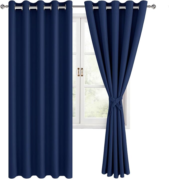 Hiasan Room Darkening Curtains for Bedroom, 60 x 72 Inches - Thermal Insulated & Energy Saving Window Drapes for Living Room/Dorm Room, Set of 2 Panels Sewn with Tiebacks, Navy