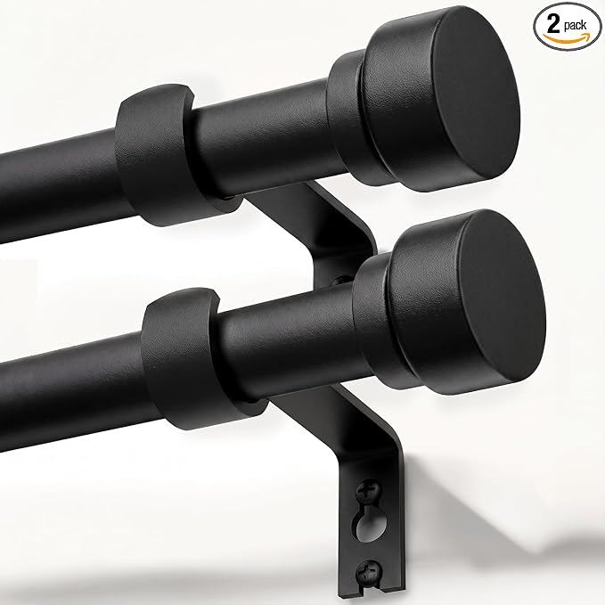 Lootkell 2 Pack Matte Black Curtain Rods for Windows 72-144 Adjustable | Heavy Duty 1" Long Window Curtain Rod,Solid Metal Finials,Modern Design,Fits Outdoor,Kitchen,Bedroom,Living Room,Farmhouse
