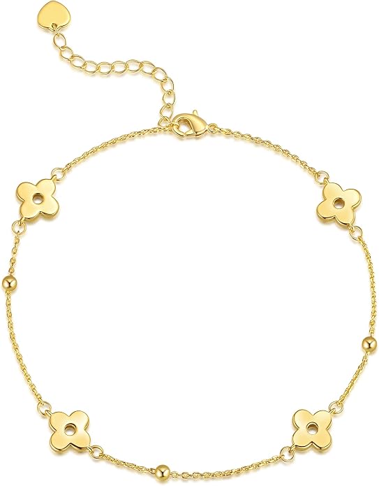 14K Gold Plated Anklets for Women Four-Leaf Clover 14K Gold Plated Ankle Bracelets for Women Golden Jewelry for Womens Anklets Bracelets Romantic Floral Adjustable 9.4+1.6in