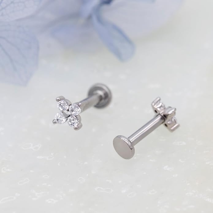 14K Yellow/White/Rose Gold Cartilage Earring Top Push in 1 Pcs Threadless Flower Flat Back Stud Nose Stud Lip Ring 16G Helix Tragus Piercing Jewelry for Women 6mm 8mm