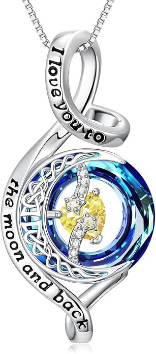 OCJ Birthstone Necklace for Women 925 Sterling Silver Moon and Star Pendant Infinity Celtic Moon Crystal Jewelry Anniversary Birthday Christmas Gift for Her Wife Girlfriend Mom Daughter