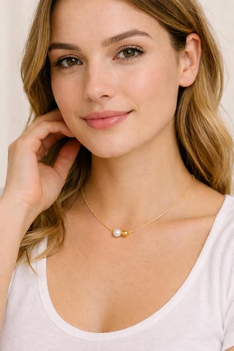 QueenBee Double Floating Pearl & Bead Bolo Necklace - 8mm Pearl with 14K Gold Filled or 925 Sterling Silver Accents, Adjustable Slider Chain, No-Clasp Waterproof Jewelry