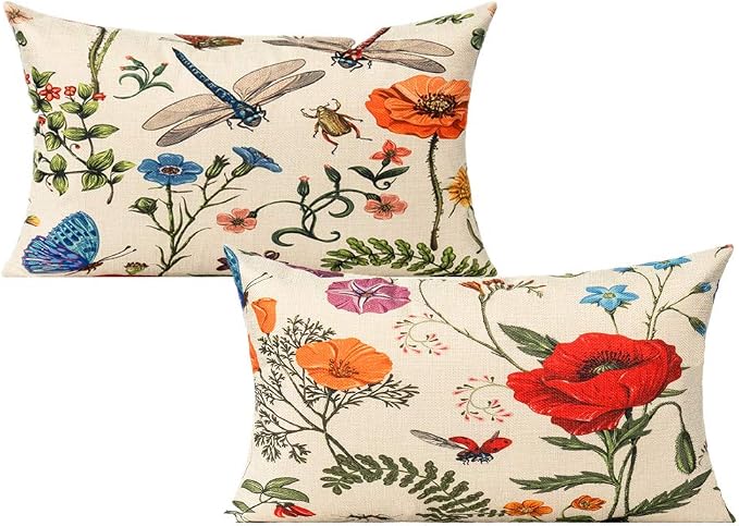 All Smiles Lumbar 12x20 Throw Pillow Covers Set of 2 Outdoor Summer Spring Garden Flowers Farmhouse Décor Outside Furniture Bench Decorative Cushion Cases for Patio Sofa Couch Chair Bed