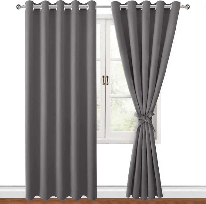 Hiasan Blackout Curtains for Bedroom, 60 x 84 Inches Long - Thermal Insulated & Light Blocking Window Curtains for Living Room, 2 Drape Panels Sewn with Tiebacks, Light Grey