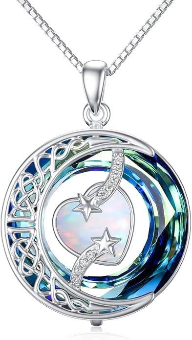 TOUPOP Birthstone Necklace 925 Sterling Silver Moon and Star Pendant Celtic Moon Jewelry with Blue Crystal Anniversary Birthday Gifts for Women Mom Wife Her