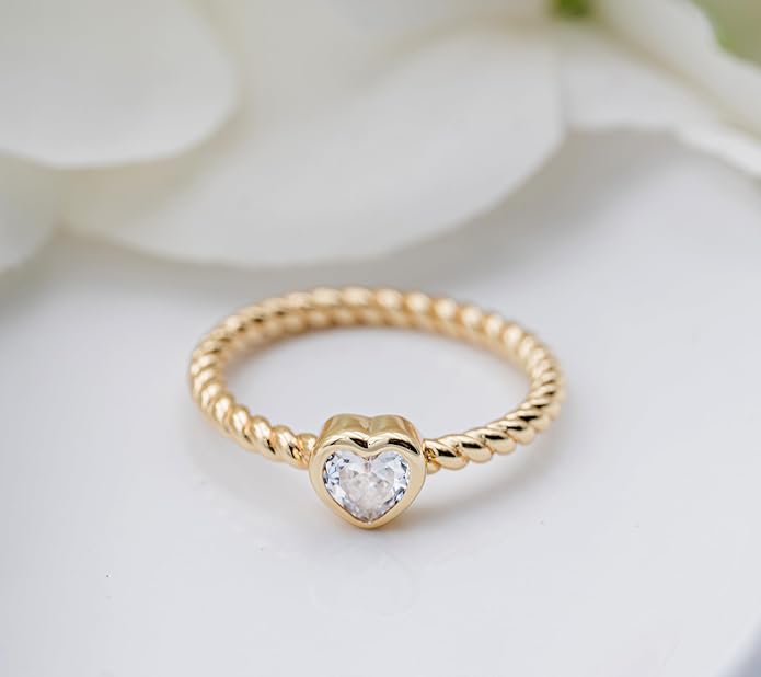Precious Pieces 14K Gold Plated over .925 Sterling Silver Twisted Rope Band Baby Ring with Heart Birthstone CZ for Babies, Infants, Toddlers, Little Girls, Stackable or Pinky Ring for Teens and Women