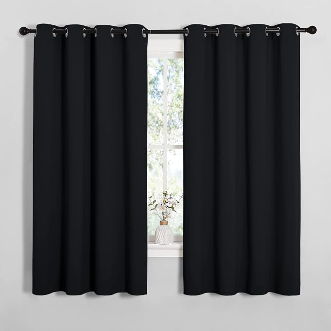 NICETOWN Bathroom Blackout Curtains and Drapes, Black Solid Thermal Insulated Grommet Blackout Drapery Panels for Window (2 Panels, 55 inches Wide by 68 inches Long, Black)