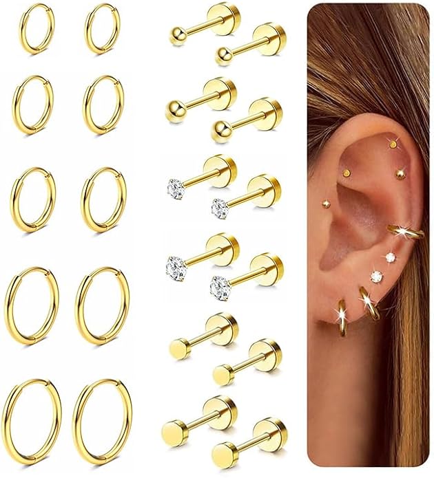 LOLIAS Small Hypoallergenic Flat Back Stud Earrings for Women Men 14K Gold Plated Surgical Stainless Steel Earring Sets Tiny Screw Back Cartilage Earrings for Sensitive Ears