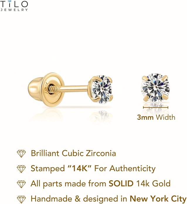 14k Yellow Gold Solitaire Round Cubic Zirconia Stud Earrings in Secure Screw-backs
