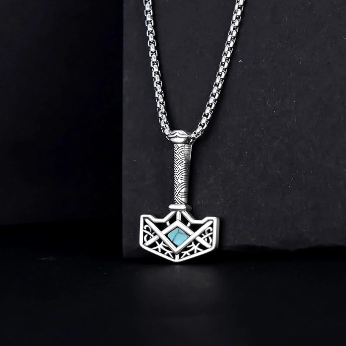PELOVNY Thor Hammer Necklace 925 Sterling Silver Turquoise/Snake Pendant Viking Jewelry for Anniversary Birthday Christmas Gifts Men Women