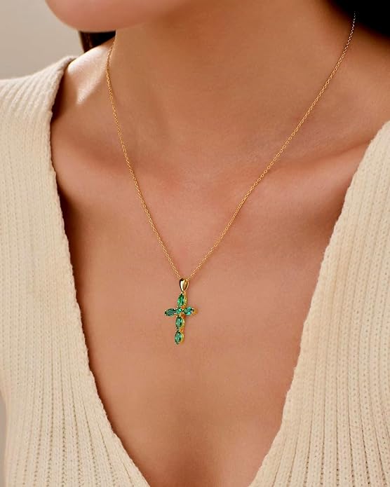 14K Gold Plated 925 Sterling Silver Birthstone Cross Necklace for Women Men