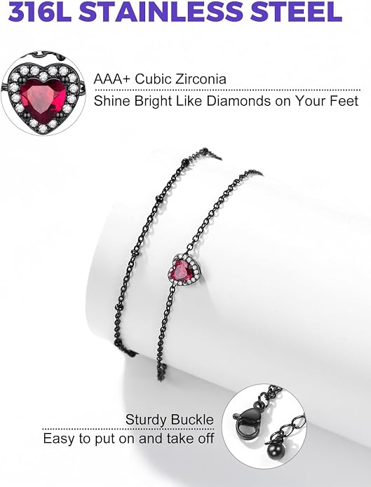 Richsteel Double Layer Heart/Butterfly Birthstone Anklet for Women Non Tarnish Waterproof, Silver/Gold/Black Stainless Steel 8.5-10.5 Inch Adjustable Chain Anklets Jewelry Gifts for Her