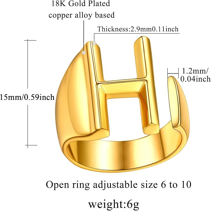 FindChic Customizable Initial Ring Statement 18K Gold Plated Fashion Cuff Rings for Women Alphabet Letter A to Z Resizable Knuckle Ring (with Gift Box)