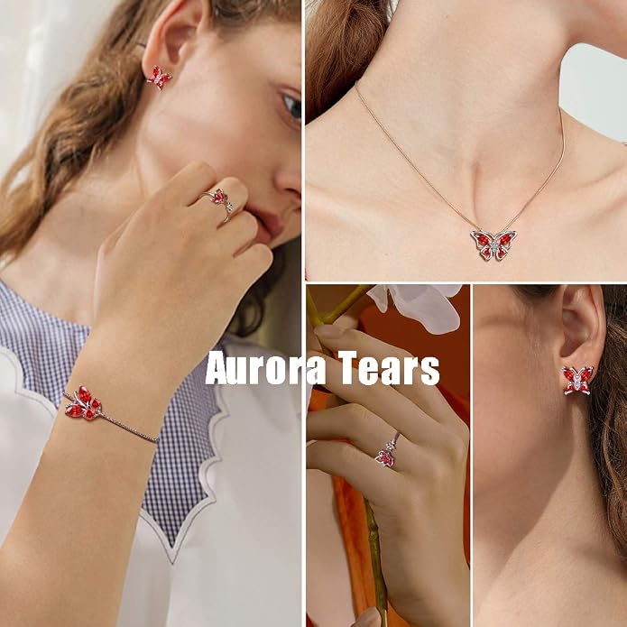 Aurora Tears Butterfly Jewelry,Women 925 Sterling Silver Butterflies Birthstone Pendant Necklace/Earrings/Rings Wedding Gift