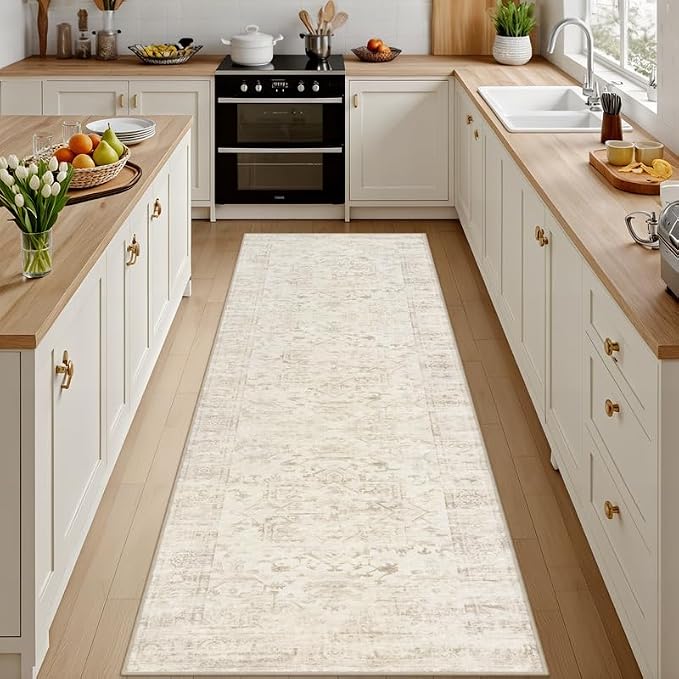 2'6''x8' Hallway Washable Runner Rug: Vintage Boho Neutral Kitchen Rug Soft Small Area Rug Indoor Floor Non-Slip Low Pile Carpet for Farmhouse Entryway Laundry Bathroom Bedroom Beside Rugs Beige/Brown