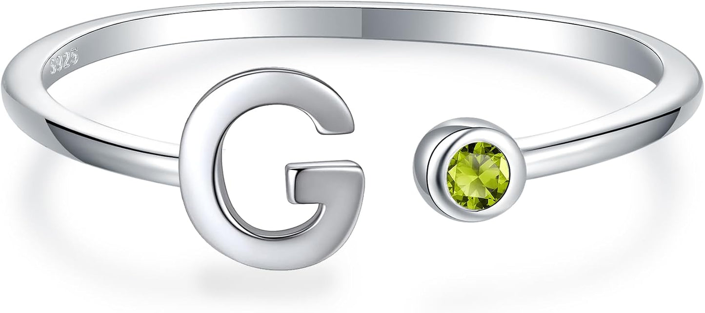 925 Sterling Silver Initial Letter Birthstone Rings for Women Adjustable 1-12 Month Birthstone Alphabet Stacking Ring for Teens Girls Stackable Birthstone Rings Birthday Jewelry Gift for Daughter Mom