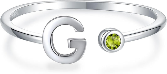 925 Sterling Silver Initial Letter Birthstone Rings for Women Adjustable 1-12 Month Birthstone Alphabet Stacking Ring for Teens Girls Stackable Birthstone Rings Birthday Jewelry Gift for Daughter Mom