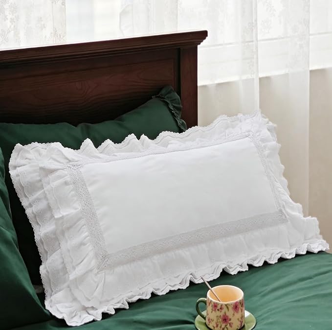 12x20 Pillow Covers, White Lace Square Cushion Cover 100% Cushion Throw Pillow Cover Pillowcase Set of 2, Decorative Cushion case,Handmade Pillowcase with Ruffles