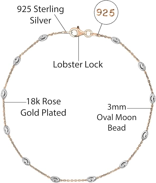 Savlano 18K Gold Plated Over 925 Sterling Silver Station Oval Moon Bead Anklet Chain For Women. Silver, Gold, Rose Gold - Made in Italy Comes With a Gift Box