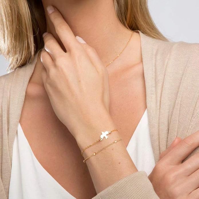 Dainty Gold Bracelets for Women, 14K Gold Plated Adjustable Layered Beads Bracelet Cute Evil Eye Oval Chain Pearl Bar Turtle Gold Bracelets for Women Jewelry