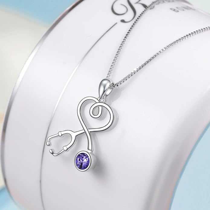 AOBOCO Stethoscope Necklace 925 Sterling Silver Embellished with 12 Months Birthstone Crystals from Austria, Graduation Gifts Medical Jewelry for Doctor Nurse Medical Student RN