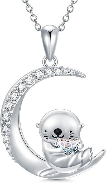 PROESS Animal Birthstone Necklace 925 Sterling Silver Otter/Axolotl/Hippo/Elephant/Dachshund/Monkey/Red Panda Pendant Necklace Animal Birthstone Jewelry Gifts for Women