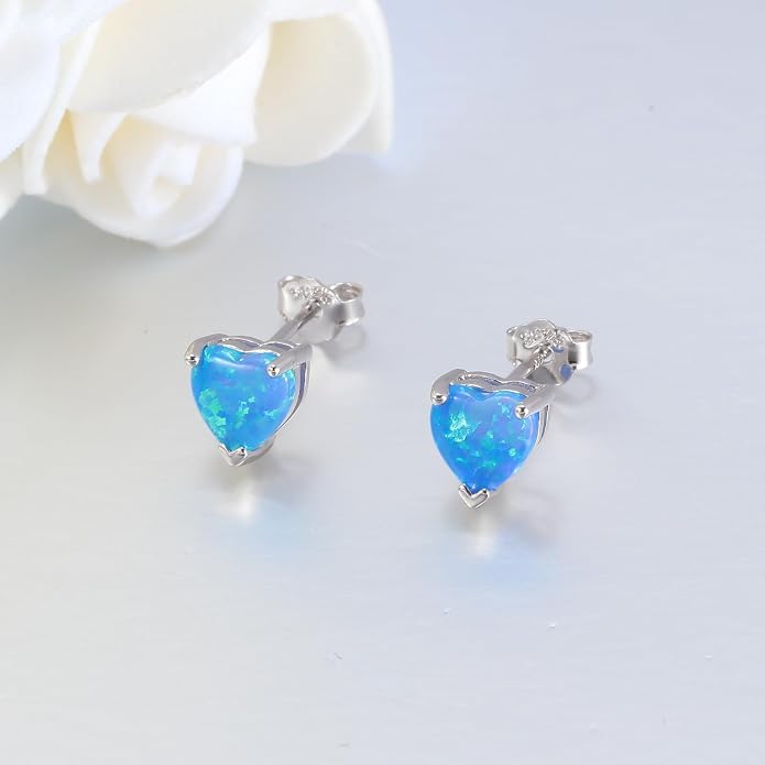 CiNily 925 Sterling Silver Stud Earrings for Women Teen, Heart Opal Stud Earrings, Dainty Cartilage Small Studs for Men, Heart Birthstone Earrings Lightweight Opal Jewelry for Mothers Day Birthday