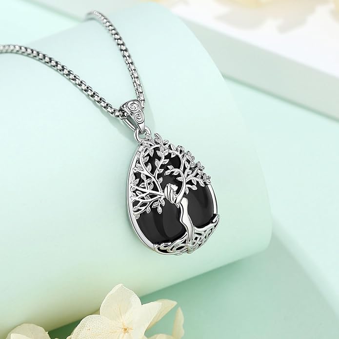 EUDORA Tree of Life Necklace with Moonstone Amethyst Obsidian Turquoise Healing Crystal for Women, Silver Plated Copper Mother Tree of Life Pendant Amulet Energy Jewelry, Gift for Women Mom, 20"+2"