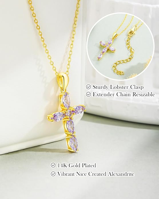 14K Gold Plated 925 Sterling Silver Birthstone Cross Necklace for Women Men