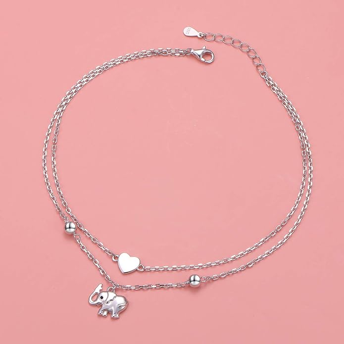 Flyow Anklet for Women S925 Sterling Silver Adjustable Foot Beaded Heart Charm Ankle Bracelet Anklets Jewelry