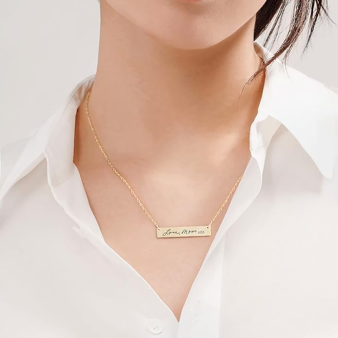 Personalized Engraved Handwriting Necklace Stainless Steel Silver Gold Rose Gold Bar Jewelry Engraved Signature Memorial Keepsake Pendant