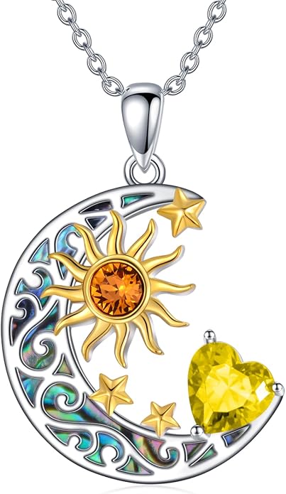 AOBOCO 925 Sterling Silver Sun and Moon Star Pendant Necklace with Simulated Birthstone, Birthday Christmas Jewelry Gift for Women Teen Girls