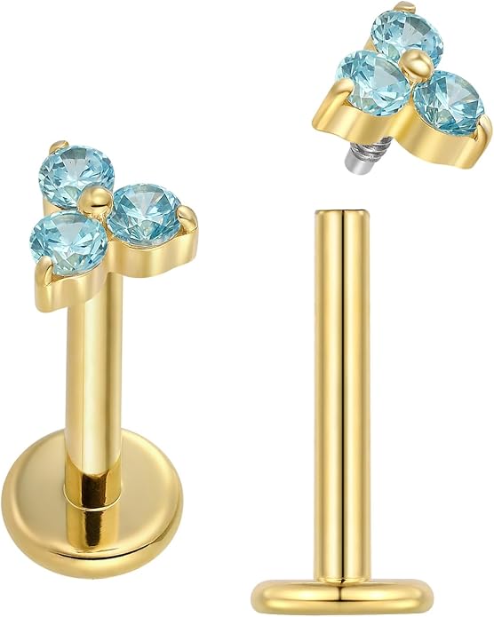 2PCS Titanium Internally Threaded Gem Labret | 16G Flat Back CZ Crystal Stud Earrings | Tragus Helix Cartilage Conch Lip Monroe | Implant Grade Body Piercing Jewelry