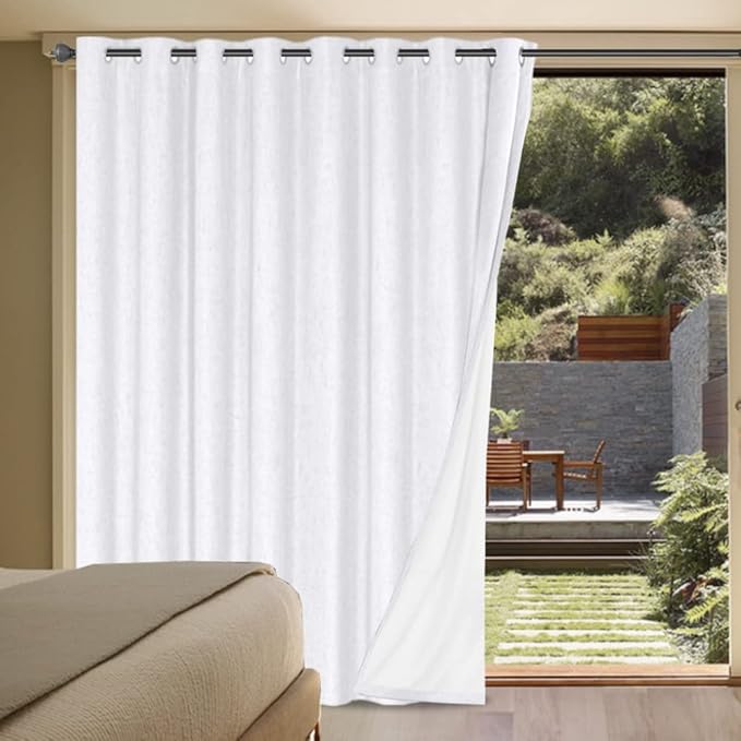 H.VERSAILTEX Linen Blackout Curtains Durable Thick Textured Linen Look 100% Blackout Patio Door Curtain Anti Rust Grommet Extra Wide Sliding Door Curtain Panel, W100 x L96 inch - White