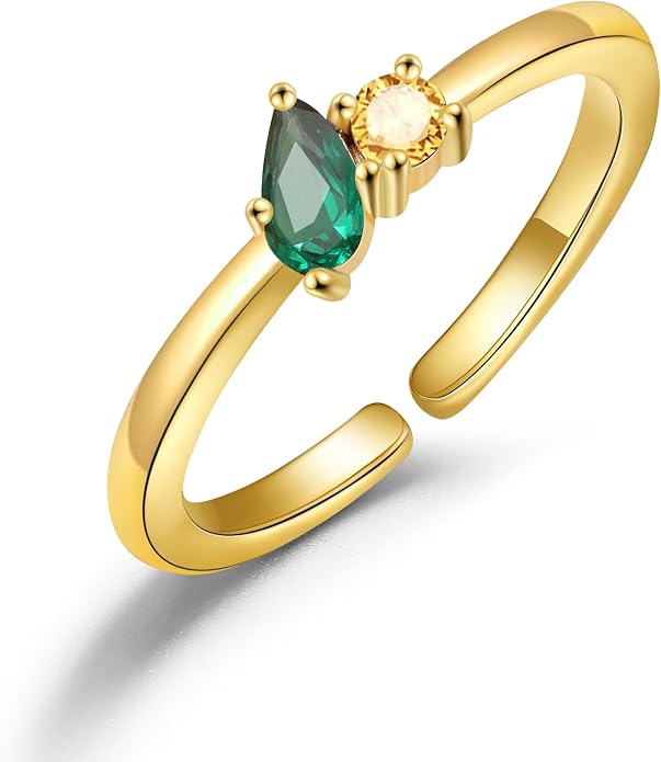 JSJOY Birthstone Rings for Women Dainty Emerald Blue Ring Birthday Gifts for Mom Her Gemstones CZ Ring for Teens Gold Rings That Don't Tarnish Adjustable Ring Jewelry Gifts